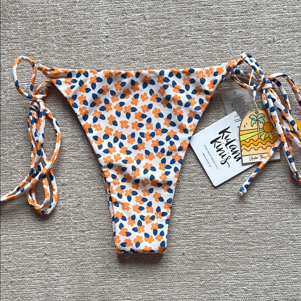 Kulani Kinis White Bikini Bottom with Orange and Blue Floral Print